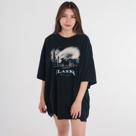 Y2K Alaska Moose Northern Lights Graphic Tee Cotton Plus Size XXL