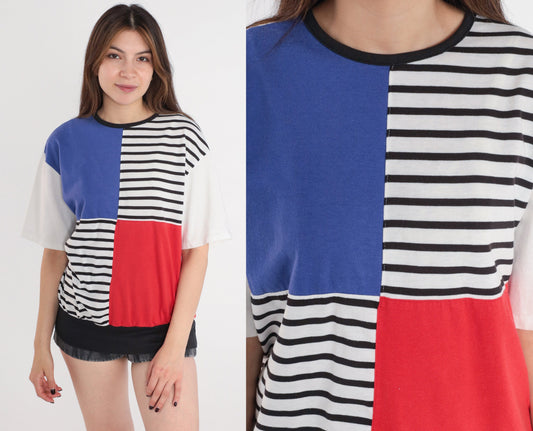 90s Striped Colour Block T-Shirt White Black Red Blue Short Sleeve Medium M