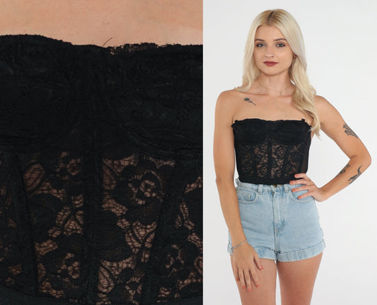 90s Black Floral Lace Bustier Strapless Underwire Crop Top Extra Small
