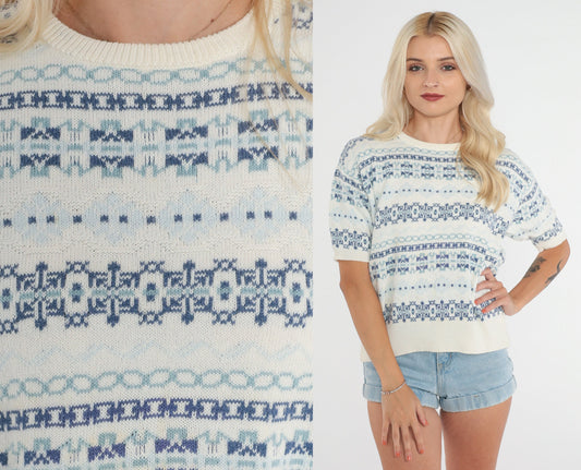 80s Gaeltarra Ireland Knit Top White Blue Striped Geometric Fair Isle Medium
