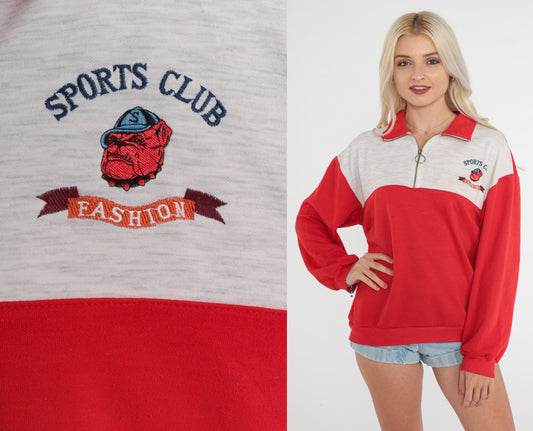 90s Bulldog Sports Club Quarter Zip Sweatshirt Red Grey Color Block Medium M