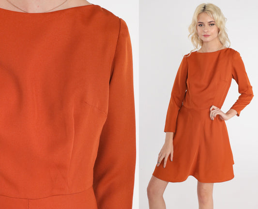 70s Burnt Orange Mini Dress Boat Neck Long Sleeve Flared Small