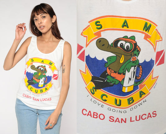 80s Scuba Mexico Cabo San Lucas Tank Top Graphic Tee White Small