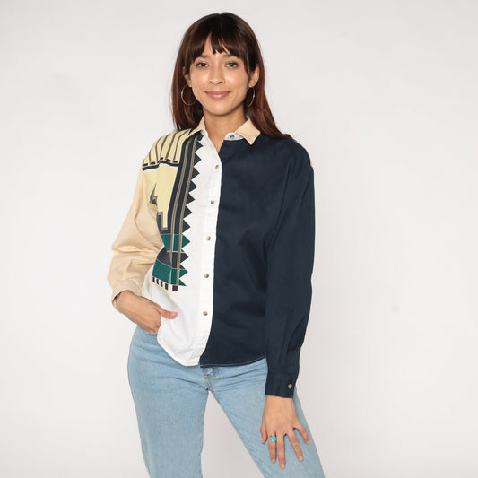 90s Western Blouse Color Block Geometric Print Button Up Medium