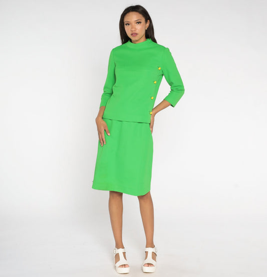 60s Neon Lime Green Mod Two Piece Dress Suit Cowl Neck Top Pencil Skirt Small