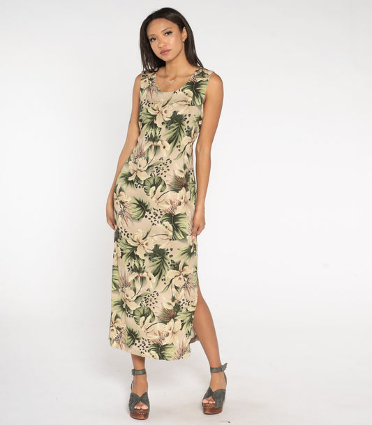 90s Tropical Floral Leopard Print Maxi Dress Taupe Sleeveless Ankle Length Large