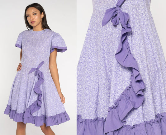 80s Purple Calico Floral High-Waist Midi Dress Puff Sleeve Medium