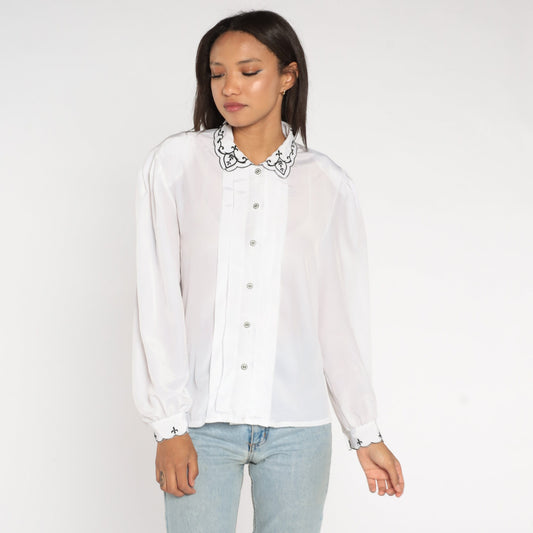 80s White Puff Sleeve Blouse Embroidered Collar Button-Up Shirt Large