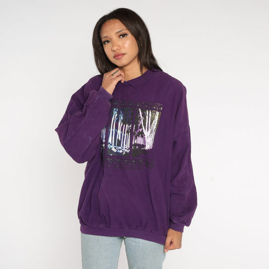90s Coeur d'Alene Idaho Purple Forest Sweatshirt Graphic Cotton Extra Large