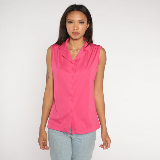 70s Bright Pink Collared Tank Top Button-Up Blouse Medium Large