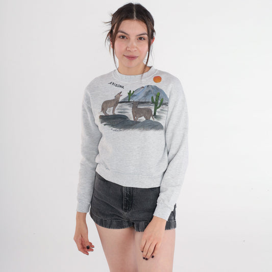 90s Arizona Desert Coyote Painted Sweatshirt Grey Glitter Graphic Jerzees Extra Small
