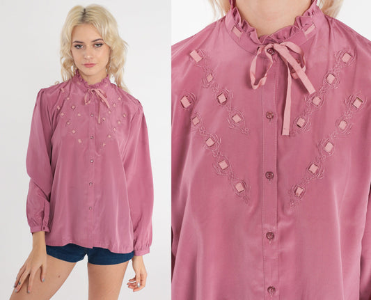 80s Dusty Rose Bow Neck Blouse Ruffled Long Sleeve Button Up Small