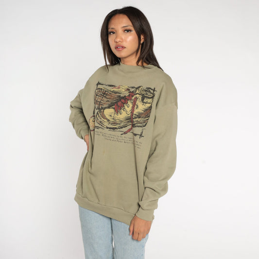 90s Hiking Boot Graphic Sweatshirt Taupe Drop Shoulder Crewneck Large L
