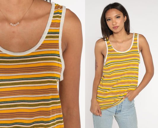 80s Striped Ringer Tank Top Yellow Brown Green White Single Stitch Small