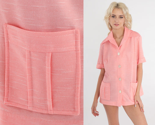 70s Pink Button-Up Shirt Dagger Collar Short Sleeve Large