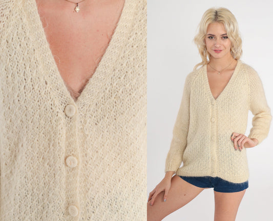 70s Cream Wool Cardigan Chunky Knit Button-Up Sweater Medium M
