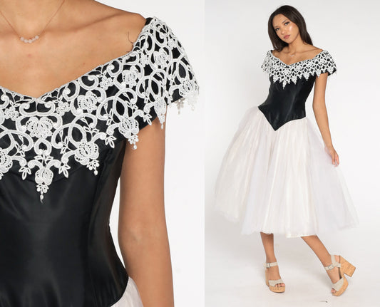 80s Black White Lace Off-Shoulder Tulle Midi Dress Basque Waist Extra Small