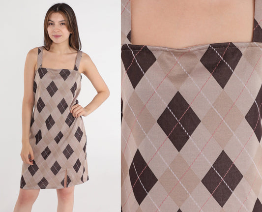 Y2K Tan Argyle Checkered Mini Sundress Spaghetti Strap Shift Small Medium