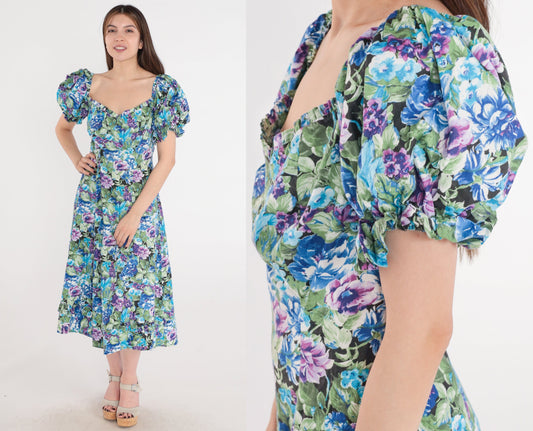 80s Floral Midi Dress Puff Sleeve Sweetheart Neckline Blue Purple Medium