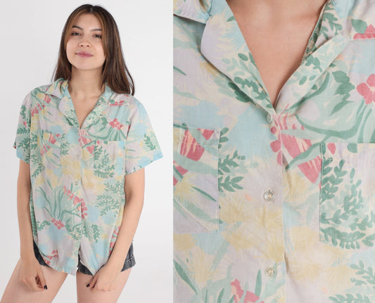 80s Floral Bird Print Button-Up Blouse Short Sleeve Green Blue Grey Medium