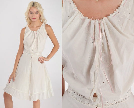 1930s White Cotton Step-In Chemise Floral Embroidered Lingerie XXS