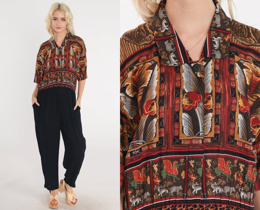 90s Phoebe Abstract Floral Griffin Jumpsuit High-Waisted Tapered Black Large