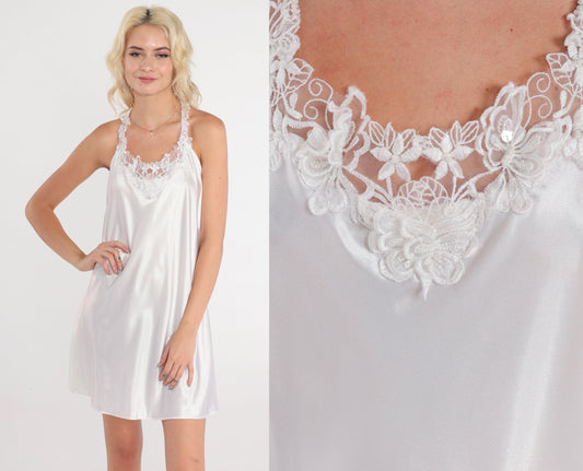 90s White Beaded Lace Slip Dress Halter Strappy Mini Nightgown Medium M