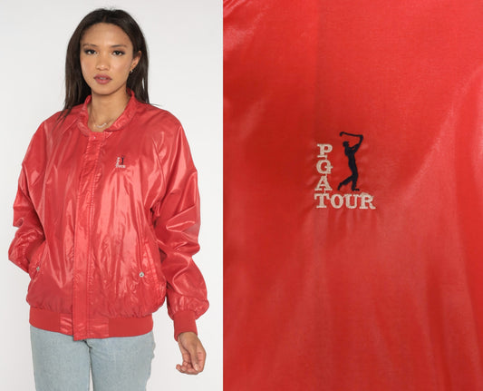80s PGA Tour Bomber Jacket Red Nylon Raglan Windbreaker Medium