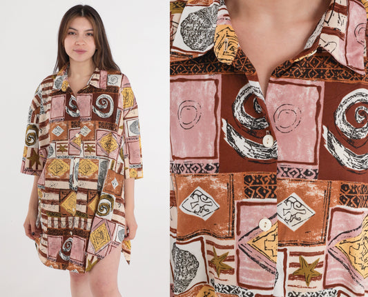 80s Beach Button Up Shirt Fish Seashell Starfish Print Plus Size 3XL