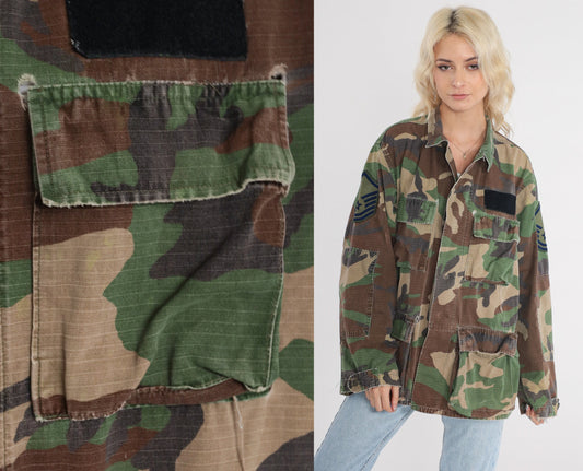 90s Camouflage Army Shirt Button Up Cargo Pockets Green Men's Medium