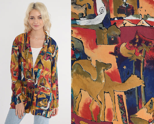 90s Camel Abstract Print Blazer Jacket Colorful Button-Up Collared Small S