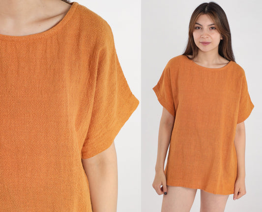 80s Burnt Orange Cotton Woven Blouse Short Sleeve Large L
