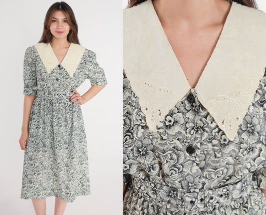 80s Black White Floral Embroidered Collar Puff Sleeve Mini Dress Medium