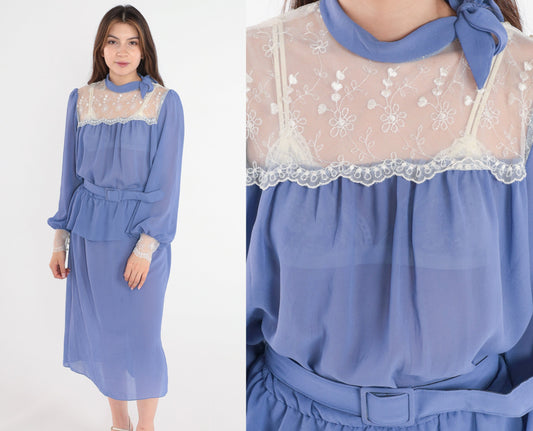 80s Purple Chiffon Midi Dress Lace Illusion Neckline Puff Sleeve Peplum Medium