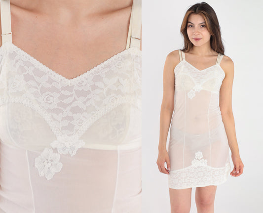 70s White Slip Dress Lace Trim Mini Adjustable Straps Extra Small