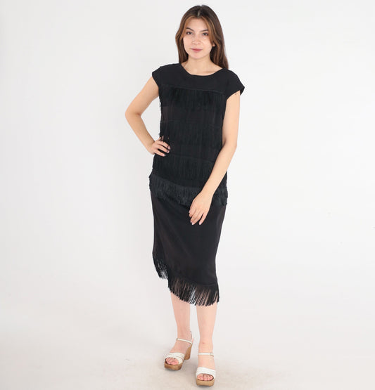 60s Black Fringe Shift Dress Cap Sleeve Cocktail Midi Medium