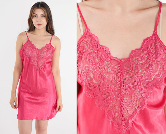 90s Pink Satin Slip Dress Floral Lace Mini Nightgown Spaghetti Strap Medium