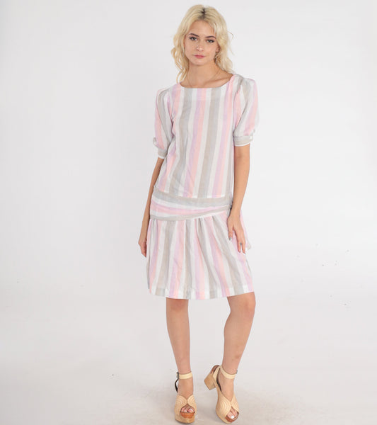 80s Striped Mini Dress Puff Sleeve Drop Waist Tie Side Pink Purple Small