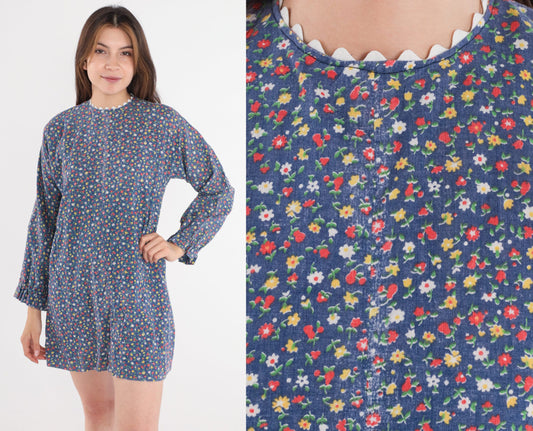 1970s Blue Floral Calico Mini Shift Dress Long Sleeve Small
