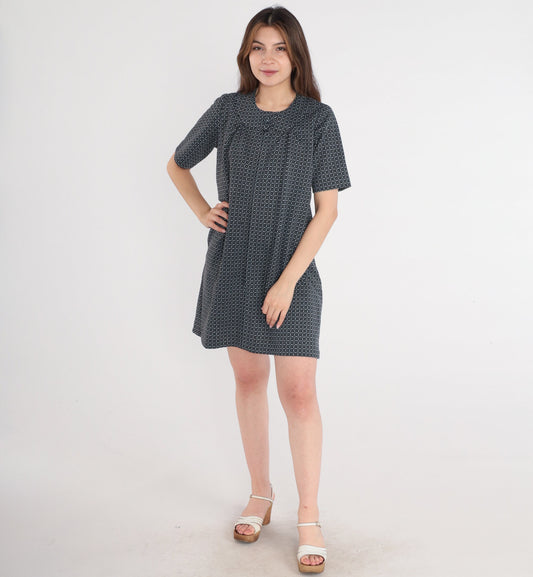 60s Mod Mini Dress Geometric Print Black White Front Zip Shift Medium