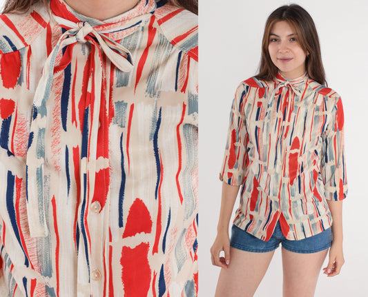 70s Striped Ascot Blouse Orange Beige Brushstroke Long Sleeve Button Up Small