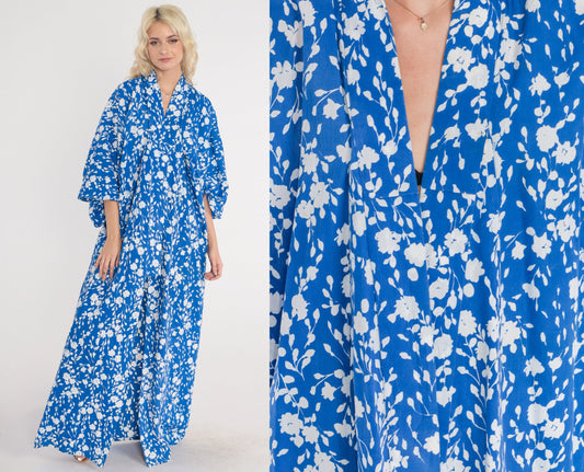 80s Blue Floral Cotton Kimono Robe Maxi Length Open Front Extra Large