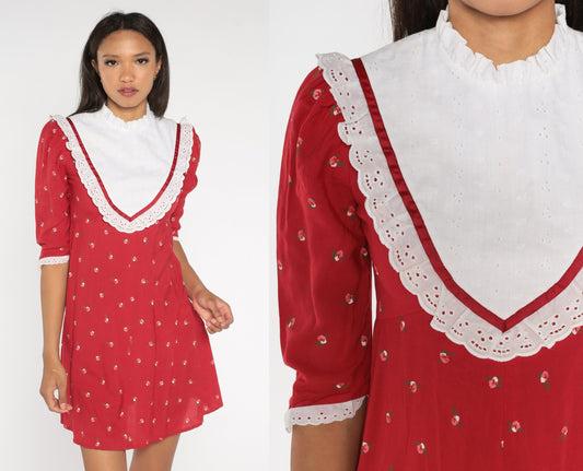 90s Red Floral Mini Dress Eyelet Lace Bib Empire Waist Puff Sleeve Extra Small