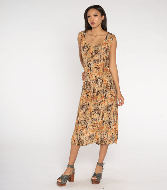 90s Notations Floral Midi Dress Geometric Print Tan Brown Orange Petite Large