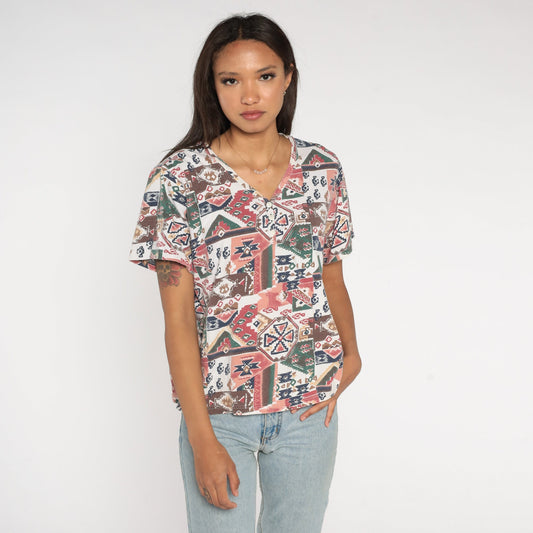 90s Southwestern Aztec Henley T-Shirt Geometric Print Pink Brown Red Large L