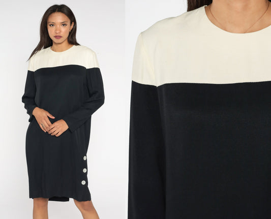 80s Color Block Shift Dress Black White Midi Long Sleeve Medium