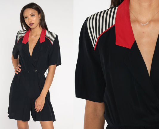90s Black Striped Wrap V-Neck Romper Red White Trim Short Sleeve Small S