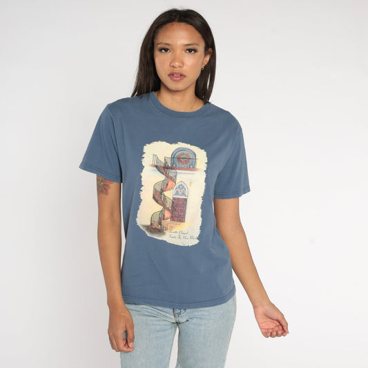 90s Loretto Chapel Santa Fe New Mexico Graphic T-Shirt Blue Small
