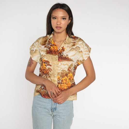70s Hawaiian Shirt Palm Tree Mountain Print Brown Yellow Cap Sleeve Small