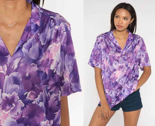 70s Purple Floral Tunic Blouse V Neck Short Sleeve Shirt Extra Large XL